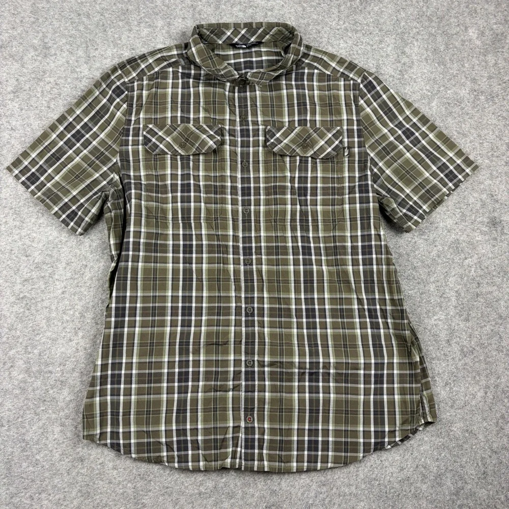 The North Face Button Down Shirt Mens XL Green Plaid Short Sleeve Hiking Pocket